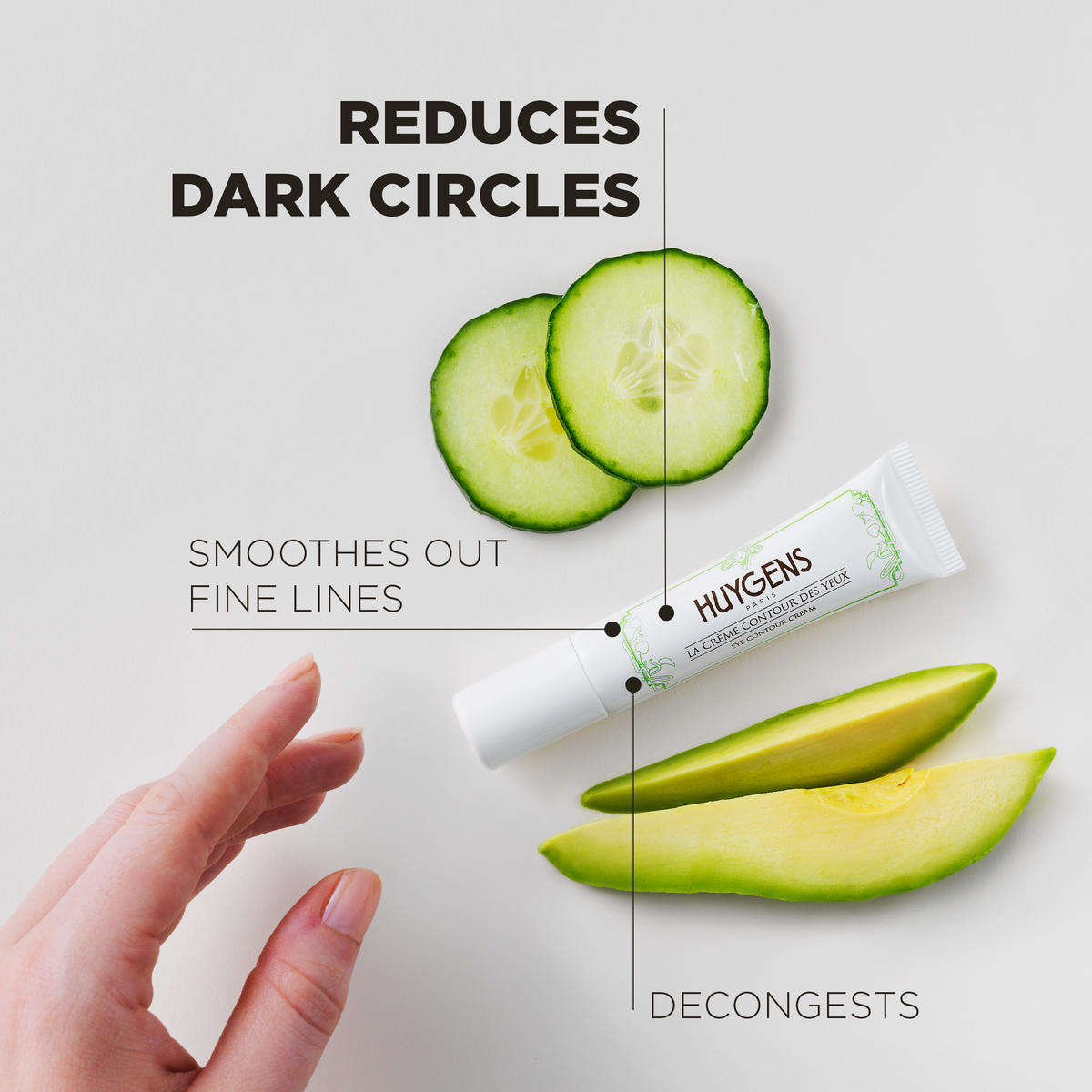 The cream reduces dark circles, smoothes out fine lines and decongests the eye area