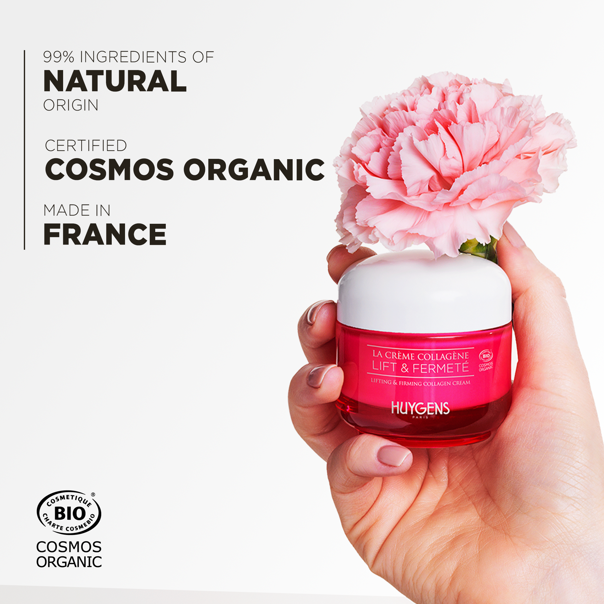 99% ingredients of natural origin, certified Cosmos Organic and made in France