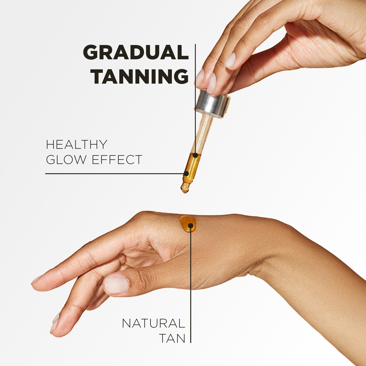 Dropper above a hand: progressive tan, healthy glow effect and natural-looking colour