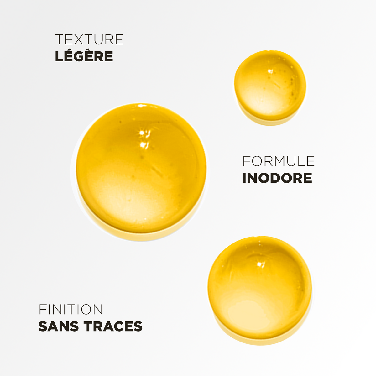 Gouttes dorées à la texture légère, formule inodore et finition sans traces